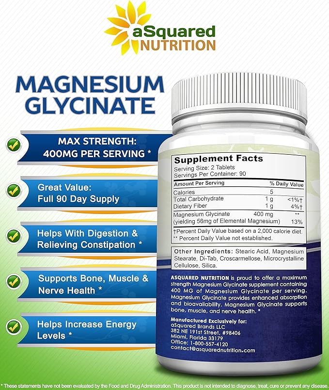 aSquared Nutrition Magnesium Glycinate 400mg - 180 Tablets - Max Strength Magnesium Bisglycinate Supplement -Maximum Bioavailability &amp Absorption-Non-GMO -Not Buffered-Supports Muscles Bones &amp