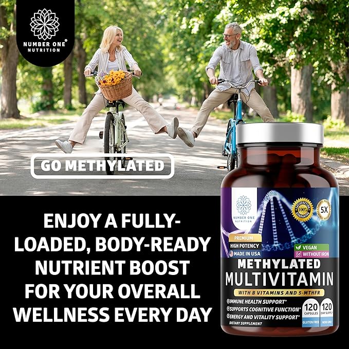 Number One Nutrition Methylated Multivitamin for Women &amp Men Natural Daily Multivitamins with Folate Vitamin B12 Vitamin B2 and B6 Non-GMO Gluten-Free 120 Caps
