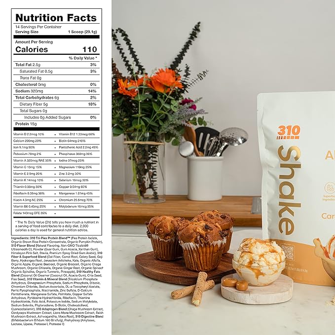 310 Nutrition Meal Replacement Shake Powder Starter Kit with Shaker Cup - Vegan Protein Fiber &amp Superfood Blend - Sugar-Free Low-Carb Keto &amp Paleo Friendly - Caramel Sundae - 14 Servings
