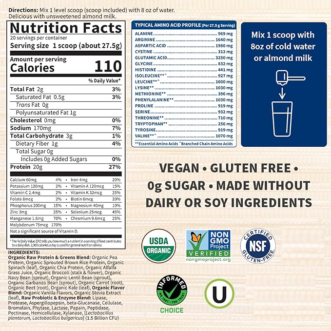 Garden of Life Raw Protein &amp Greens Vanilla Protein Powder – 20g Plant Based Greens Powder Probiotics &amp Enzymes Post-Workout Recovery Vegan Gluten-Free Non-GMO 20 Servings