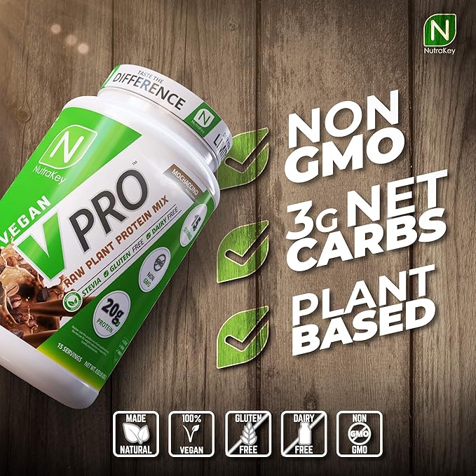 NutraKey V-Pro Raw Plant Protein Powder Organic Vegan Low Carb Gluten Free with with 20g of Protein (Mocha) 2-Pound