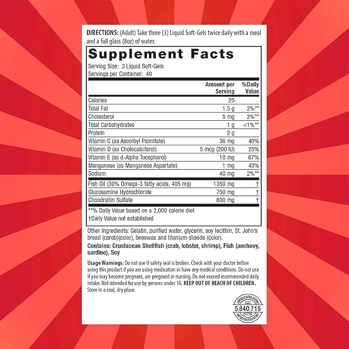 Nature's Secret Inholtra Premium Lubri-Joint Fast-Acting Joint &amp Connective Tissue Health Supplement with Vitamin C D &amp E Omega Fatty Acids Glucosamine &amp Chondroitin - 120 Liquid Softge