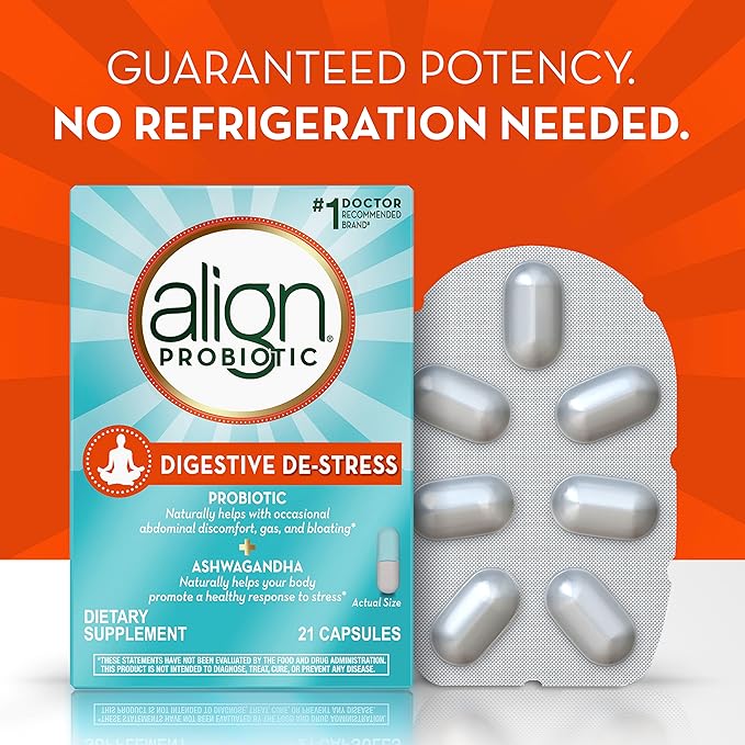 Align Probiotic Gut Health + Stress Support with Probiotics for Digestive Health and Ashwagandha to Help Calm Mind and Body* #1 Doctor Recommended Brand‡ 21 Capsules (Pack of 2)