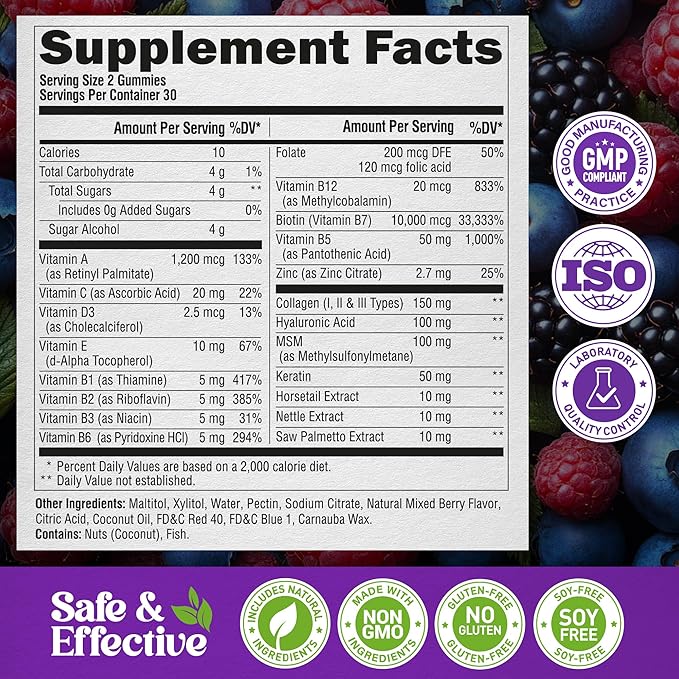 Biotin Gummies with Collagen - Hair Growth Support Skin &amp Nail Strength - for Women &amp Men - Biotin 10000mcg | Keratin | Hyaluronic Acid | B-Complex | Saw Palmetto - Sugar-Free Mixed Berry P