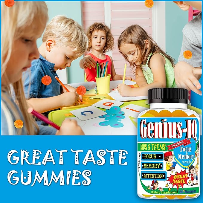 Genius IQ Kids Brain Supplements for Memory and Focus Omega 3-6-9 EPA DHA Gummy Vitamins Brain Booster Calm GummiesSupports Concentration Clarity Attention and Mood 60 Gummies