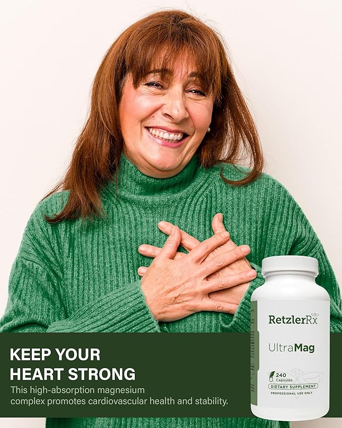 RetzlerRx UltraMag 125 Magnesium Glycinate Supplement - 240 Capsules with Patented TRAACS for Enhanced Absorption - Supports Cardiovascular Health Muscle Function Bone Health &amp Strength