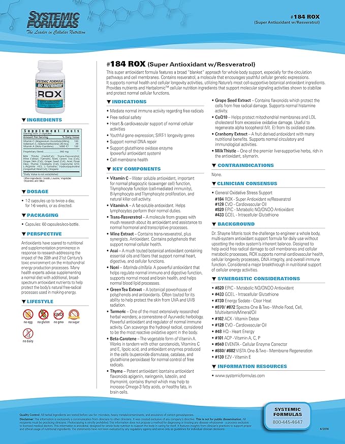 Systemic Formulas ROX Super Antioxidant with Resveratrol 60 Capsules #184. Super antioxidant Formula