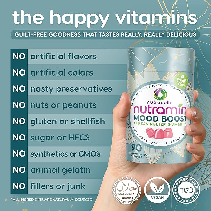 NUTRAMIN Mood Boost Multivitamin Gummy - Delicious &amp Yummy Anti-Stress Magnesium Ashwagandha Gummies + B Complex Vitamins for Focus and Calm - Sugar-Free Vegan Gluten-Free Allergy-Safe (90 Coun