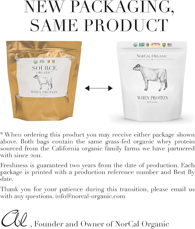 NorCal Organic Whey Protein | 100% Grass-Fed USDA Certified | Pure Clean Protein Sourced from Northern California Family Farms | Unflavored | 2 Pound (Pack of 1)