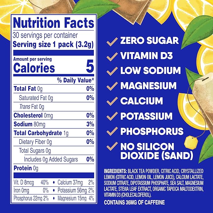 GoHydrate Low Sodium Electrolytes Powder Packets Sugar Free - Instant Hydration Daily Drink Mix - Zero Sugar Water Flavor Packet Singles with Vitamin D - (Iced Tea Lemonade 30 Packs)