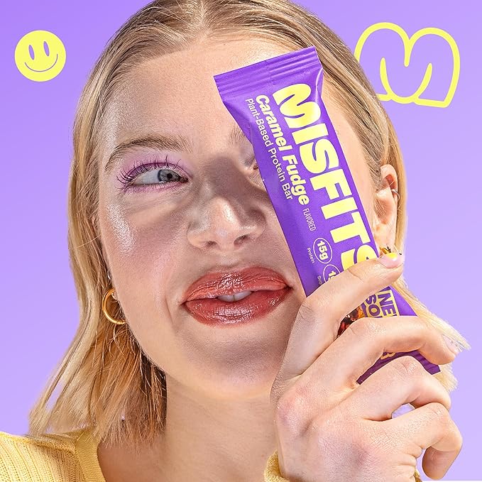 Misfits Vegan Protein Bars - Sweet Caramel Fudge | Nutrition Bars - 15g Protein 1g Sugar Plant-based Low Carb Non-GMO Gluten Free Snacks | Pack of 12