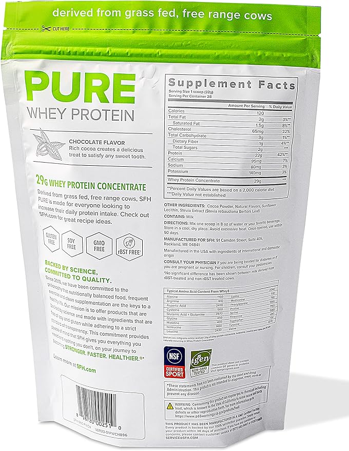 SFH Pure Whey Protein Powder (Chocolate) Best Tasting Grass Fed Whey | All Natural | Non-GMO No Artificials Soy Free Gluten Free | (Chocolate 31.6 Ounce (Pack of 1)