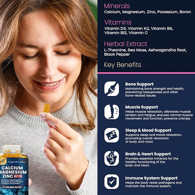 (2 Pack) Calcium Magnesium Zinc Gummies with Vitamin D3 K2 B12 &amp B6 for Adults Sugar Free Magnesium Glycinate with Potassium Sea Moss Supplement Calcium Citrate for Bone Mood &amp Sleep Suppo