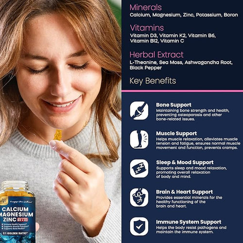 (2 Pack) Calcium Magnesium Zinc Gummies with Vitamin D3 K2 B12 &amp B6 for Adults Sugar Free Magnesium Glycinate with Potassium Sea Moss Supplement Calcium Citrate for Bone Mood &amp Sleep Suppo