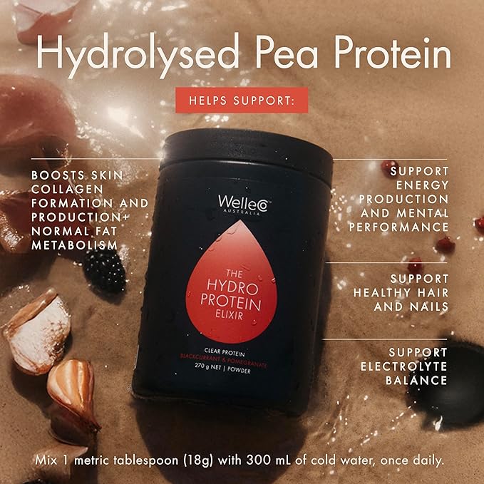 WelleCo HydroProtein Elixir Potassium Electrolyte Powder with 15g Vegan Protein for Energy Healthy Hair Skin &amp Nails Easy to Digest Powdered Electrolytes Black Currant &amp Pomegranate 9.5o