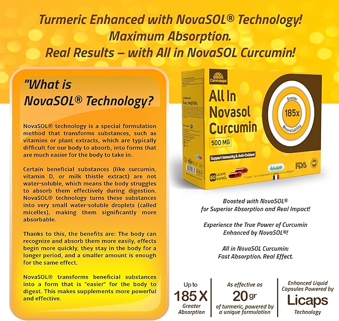 All in Novasol Curcumin Herbal Supplement – Advanced Curcumin Formula Enhanced Absorption Licaps Capsules Supports Antioxidant Immune &amp Cellular Health | 60 Capsules