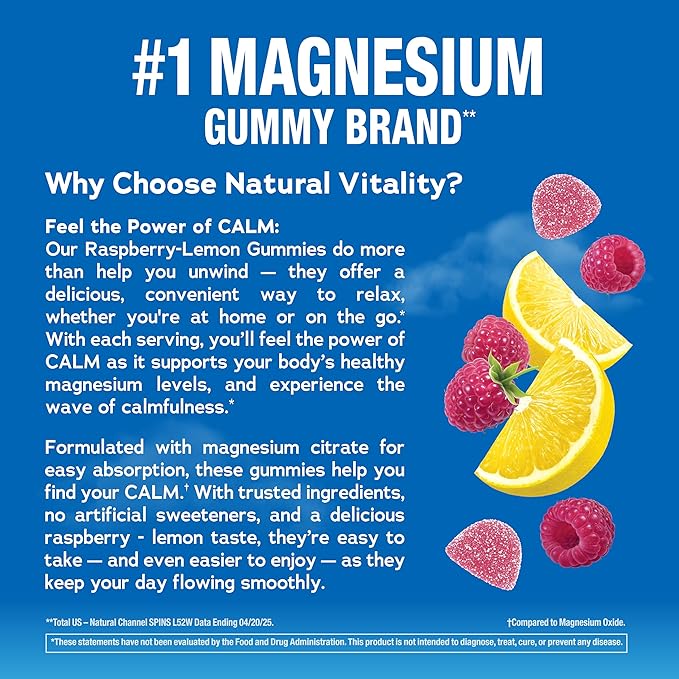 Natural Vitality Calm Magnesium Gummies | 330mg Per Serving | Raspberry Lemon Flavored Supplement | Gluten-Free &amp Vegan | 240 Count