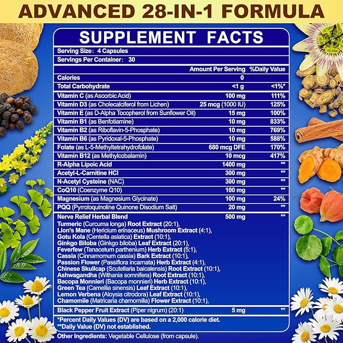 1400MG R Alpha Lipoic Acid 28-in-1 Stabilized ALA Supplements Neuropathy Supplements with L-Carnitine NAC &amp B-Complex R-ALA Supplement Antioxidant for Nerve Brain Energy丨Vegan 120 Capsules