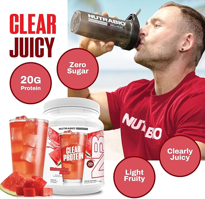 NutraBio Clear Protein Powder Watermelon Breeze - 20 Servings 20g Clear Whey Protein Isolate 0 Sugar 0g Lactose Refreshing Fruit Flavors GLP1 Support -Bone Health - Muscle Post Workout Recovery