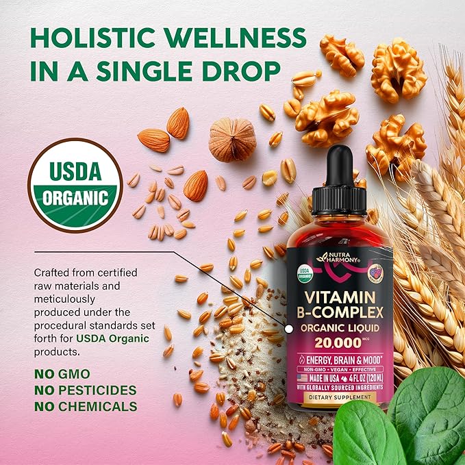 USDA Organic Vitamin B-Complex B5 Pantothenic Acid | B12 Methylcobalamin | B1 Thiamine | B6 Pyridoxine | B7 Biotin | B9 Folic | B3 Niacinamide - B Complex Liquid Drops Made in USA Supplement 4fl oz