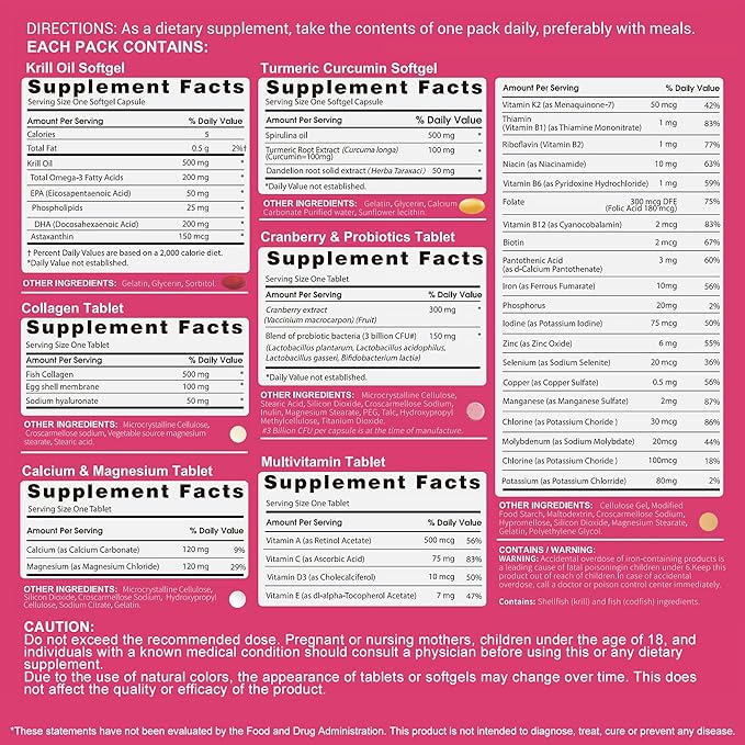 Multivitamin for Women with Vitamin ABCD3EK2Biotin CollagenKrill OilCranberries Supports EnergyWellnessBeauty and Immune - Vitamin Packs for Women Health 30 Packs