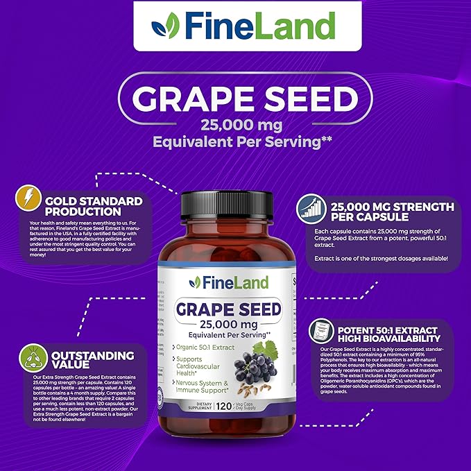 FineLand Grape Seed Extract 50:1 – 25000mg Equivalent per Capsule – 120 Vegan Capsules – Rich in Antioxidants | Heart Immune &amp Circulation Support – Non-GMO | Made in USA