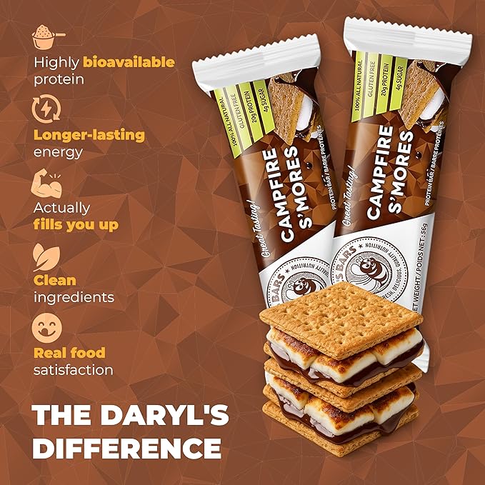 Daryl's Bars Campfire S'mores On the Go Whey Protein Bars Gluten Free 20gr of Protein Snack Meal Replacement Pack of 1
