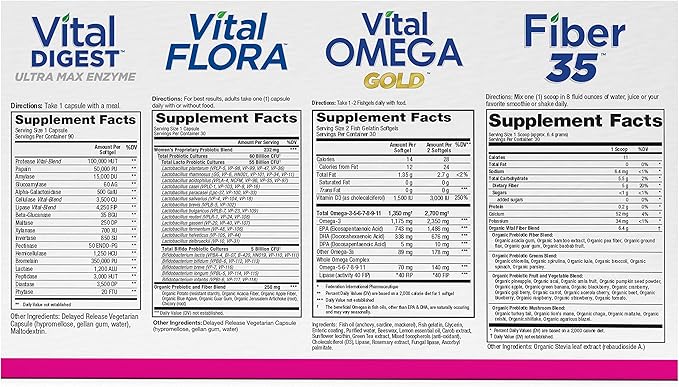Vital Planet – Gut Check Hope Formula Kit by Brenda Watson - 4 Product Package with Women’s Probiotic 30 Cap Fiber 35 Powder 6.7oz Vital Omega Oil 60 Softgels and Digestive Enzyme 90 Cap