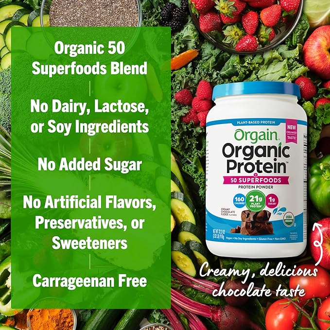 Orgain Organic Vegan Protein + 50 Superfoods Powder Creamy Chocolate Fudge - 21g Plant Based Protein 9g Prebiotic Fiber No Lactose Gluten Free No Added Sugar 2.02 lb (Packaging May Vary)