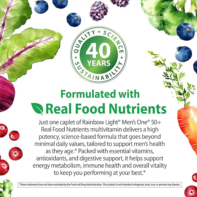 Rainbow Light Mens Multivitamin One + for 50 Plus | 90 Caplets | Supports Muscle Health | with Vitamins C D and Zinc | Real Food Nutrients Digestive Enzymes &amp Probiotics