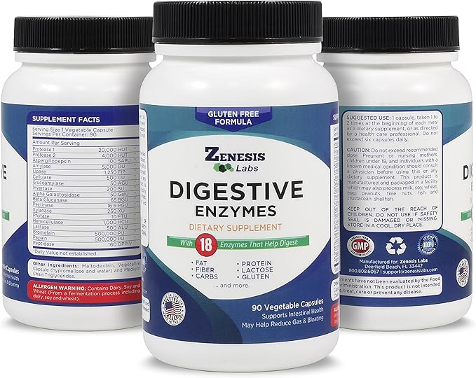 Zenesis Labs Digestive Enzymes - with Amylase Bromelain Protease Lipase &amp 14 Other Enzymes - 90 Capsules