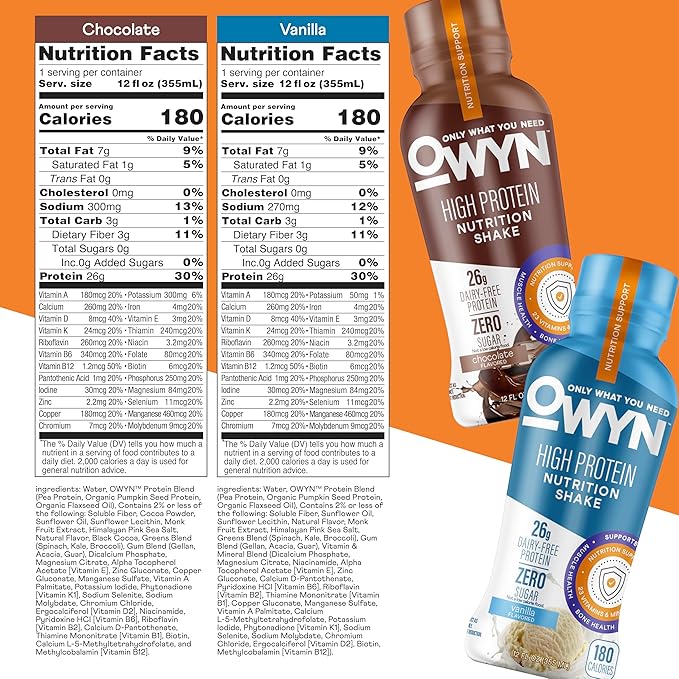 OWYN Only What You Need High Protein Shake Chocolate and Vanilla Flavored 26g Protein 0g Sugar 3g Fiber Dairy Free Plant Based Protein Drink 12 Count