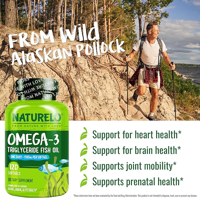 NATURELO Burpless Omega 3 Fish Oil Supplement - 1100mg Triglyceride Omega-3 EPA + DHA Liquid Fish Oil for Heart Eye Brain Joint Health - 120 Softgels 4 Months Supply