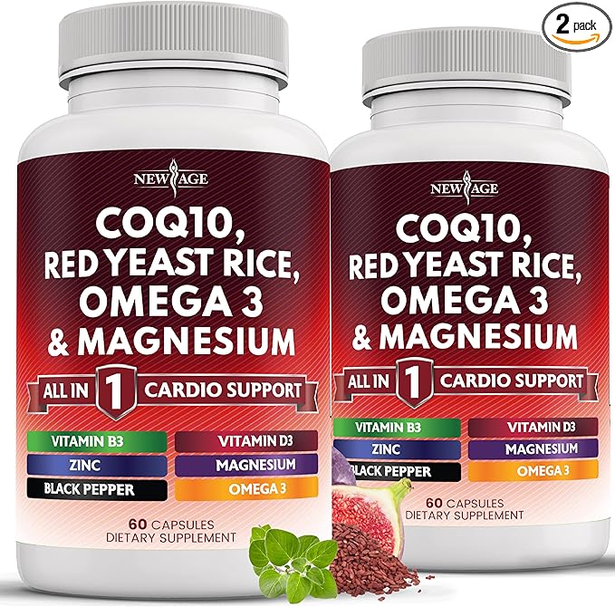 NEW AGE COQ10 200mg Red Yeast Rice 3000mg Omega 3-6-9 3000mg Magnesium Complex 500mg Zinc Vitamin K2 D3 - Vitamins for Women and Men with Vitamin B3 Coenzyme Q10-120 Count
