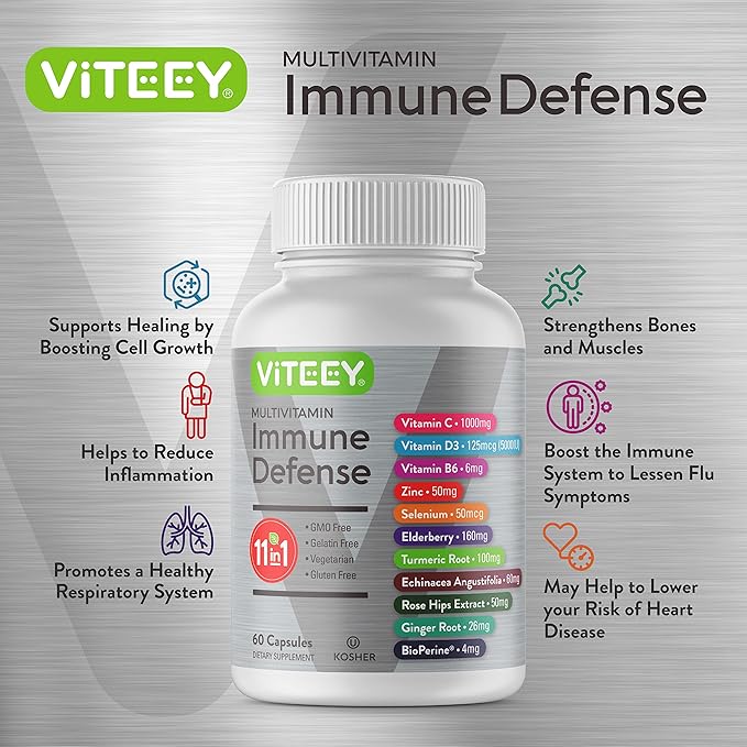 VITEEY 11 in 1 Immune Support Supplement - Immune Defense with Vitamin D3 B6 Echinacea Turmeric Rose-HIPS Selenium BioPerine Ginger Elderberry Vitamin C and Zinc - 120 Count