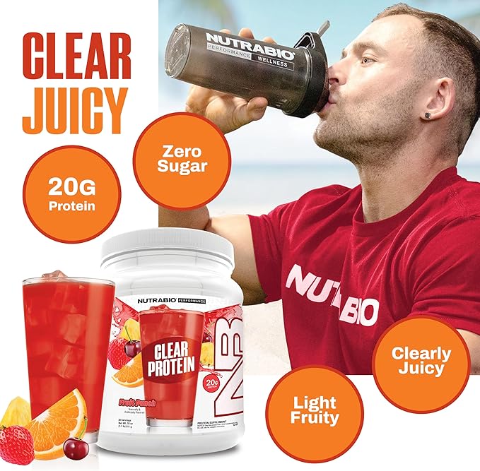 NutraBio Clear Protein Powder Fruit Punch - 20 Servings 20g Clear Whey Protein Isolate 0 Sugar 0g Lactose Refreshing Fruit Flavors GLP1 Support - Bone Health - Muscle Post Workout Recovery