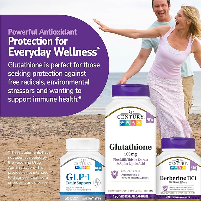 21st Century Glutathione 500 mg Plus Milk Thistle Extract &amp Alpha Lipoic Acid Capsules (120 Count) Reduced Form Combats Harmful Radicals Supports Cellular &amp Immune Health Non-GMO Gluten-F