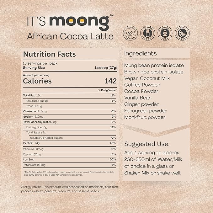 It’s Moong Plant Protein Powder African Cocoa Latte | Mung Bean &amp Brown Rice Isolate with Ginger &amp Fenugreek 24g Protein 4.7g BCAAs | Vegan Gluten Free Soy Free Sugar Free | 17.64 oz (500