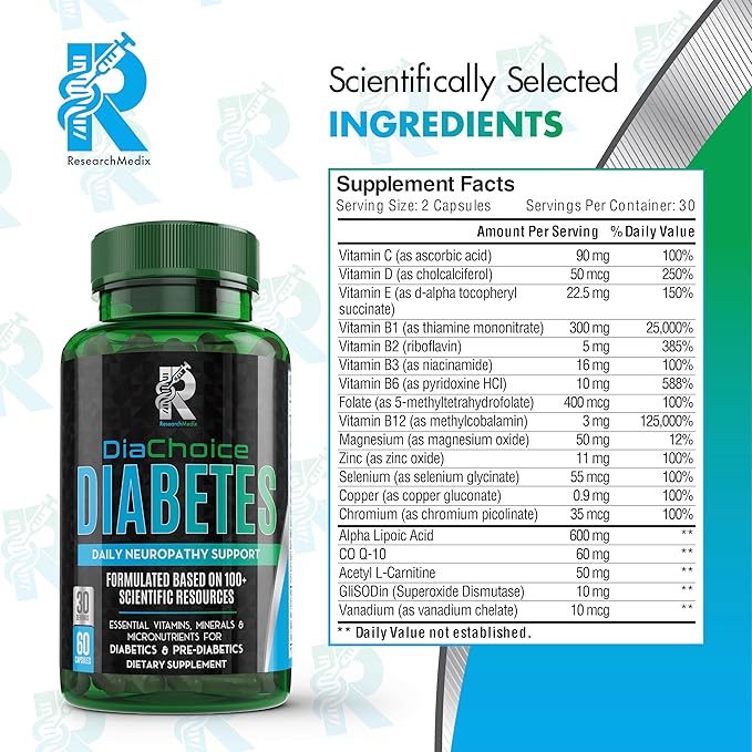 DiaChoice Neuropathy Support with Alpha Lipoic Acid 600 mg to Fortify Nerve Health &amp Support Healthy Nerve Function ALA Co Q10 Magnesium Zinc Vitamins B12 B9 B6 B3 B2 B1 D C E &amp