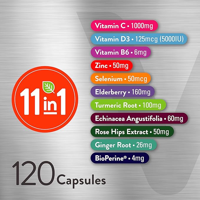 VITEEY 11 in 1 Immune Support Supplement - Immune Defense with Vitamin D3 B6 Echinacea Turmeric Rose-HIPS Selenium BioPerine Ginger Elderberry Vitamin C and Zinc - 120 Count