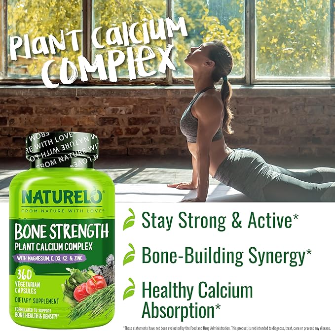 NATURELO Calcium Supplement - with Vitamin C Vitamin D3 K2 and Calcium Magnesium Zinc for Bone Strength with Calcium 600mg - Plant-Based 360 Vegetarian Capsules Non-GMO Soy &amp Gluten-Free