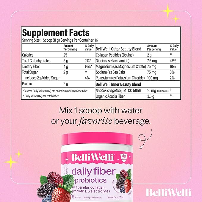Belli Welli Daily Fiber Supplement Bundle with Collagen Probiotics &amp Electrolytes – Wild Berry &amp Orange Yuzu Mandarin Flavors – Supports Digestion Gut Balance &amp Debloating – 32 Servings