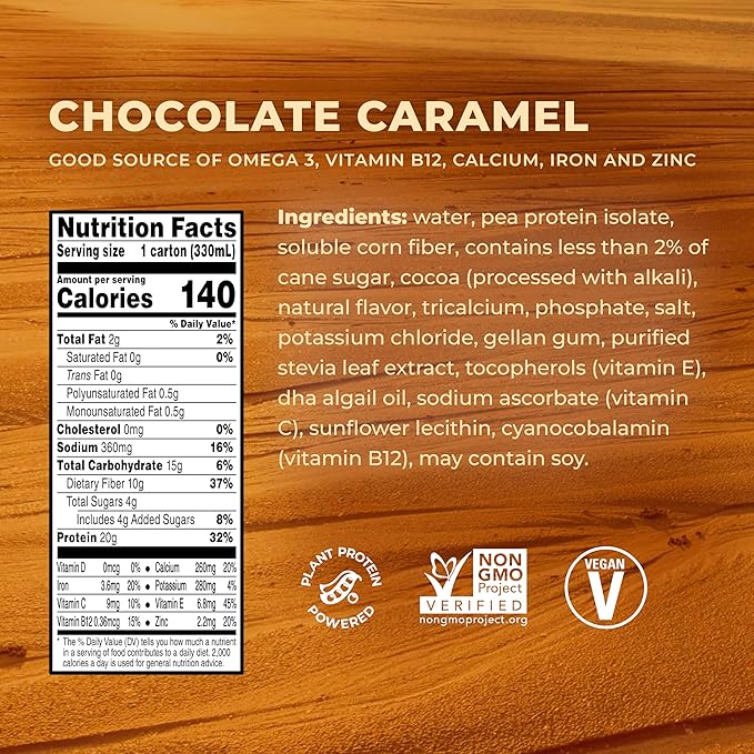 Evolve Plant Based Protein Shake Chocolate Caramel 20g Vegan Protein Dairy Free No Artificial Sweeteners Non-GMO 10g Fiber 11oz (12 Pack)