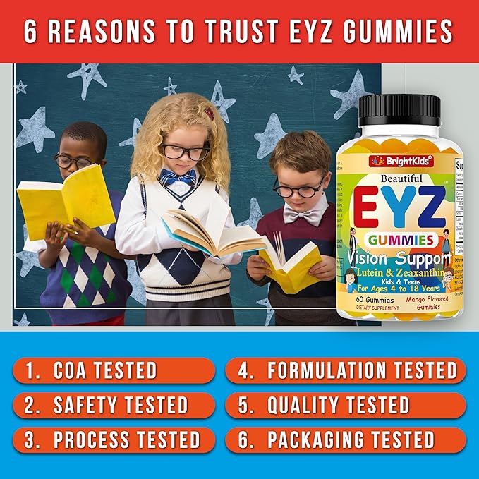 BrightKids Eye Health Gummies for Kids &amp Teens – Lutein &amp Zeaxanthin Vision Support – Vegan Non-GMO Eye Vitamins for Screen Time – Tasty Mango Flavor – 60 Gummies