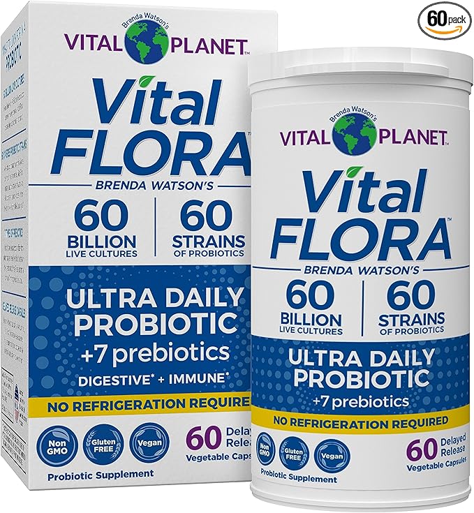 Vital Planet - Vital Flora Ultra Daily Probiotic 60 Billion CFU 60 Diverse Strains 7 Organic Prebiotics Immune Support Digestive Health Shelf Stable Probiotics for Women and Men 60 Capsules