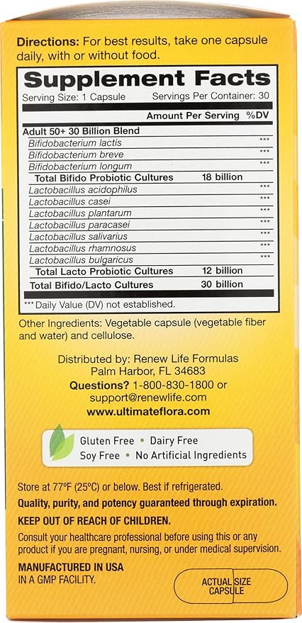 Renew Life Probiotic Adult 50 Plus Probiotic Capsules Daily Supplement Supports Urinary Digestive and Immune Health L. Rhamnosus GG Dairy Soy and gluten-free 30 Billion CFU 30 Count