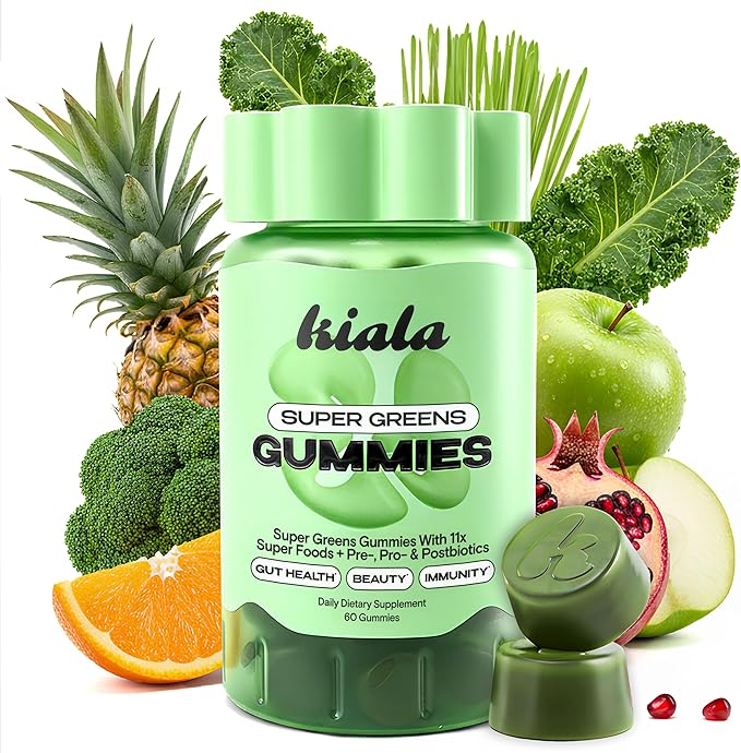 Kiala Nutrition Super Greens Gummies with 11x Organic Greens Pre Post &amp Probiotics Antioxidants Multivitamin Fiber Supplement Supports Gut Health &amp Digestion Dairy Free Vegetarian 60 C