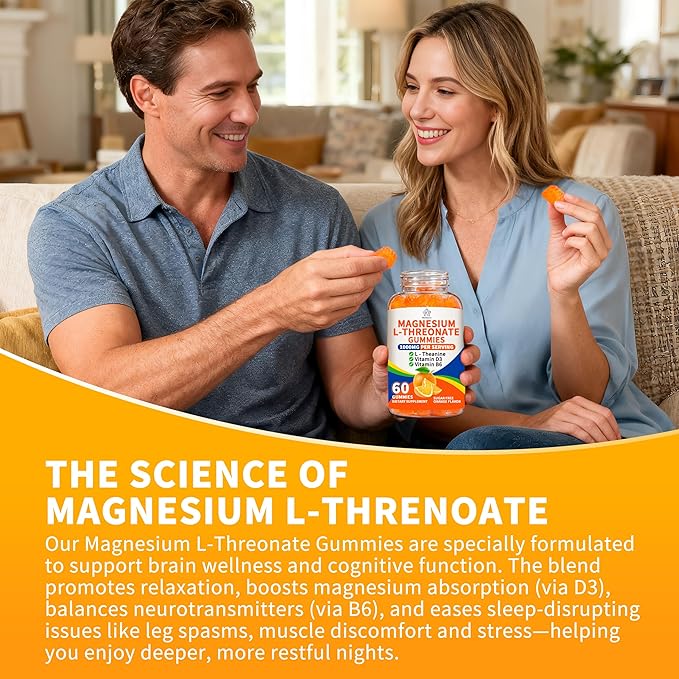 (2 Pack) Magnesium L-threonate Gummies 1000mg for Kids &amp Adults High Absorption Magnesium Threonate with L - Theanine Vitamin D3 &amp B6 for Muscle Nervous System Sugar-Free Orange Flavor