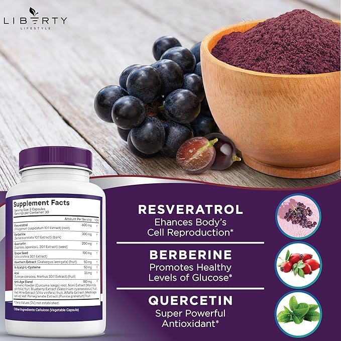 Resveratrol Berberine Grape Seed Extract Quercetin Polyphenol Supplement for Women and Men with Noni Extract N-Acetyl Cysteine Acai Extract (180 Count)