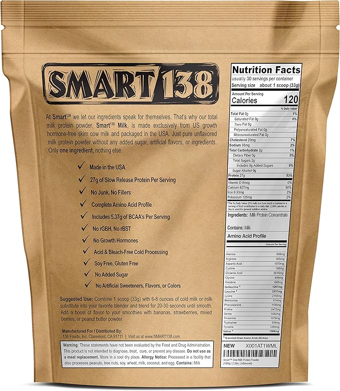 Smart138 Total Milk Protein - 80% Casein 20% Whey - RBST/rBGH Hormone Free Gluten-Free Soy-Free Non-GMO USA Keto Low Carb Natural BCAAs (1000g / 2.2lbs Unflavored)